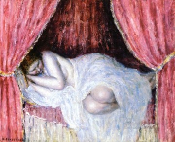  pre - Nude Behind Red Curtains Impressionist women Frederick Carl Frieseke